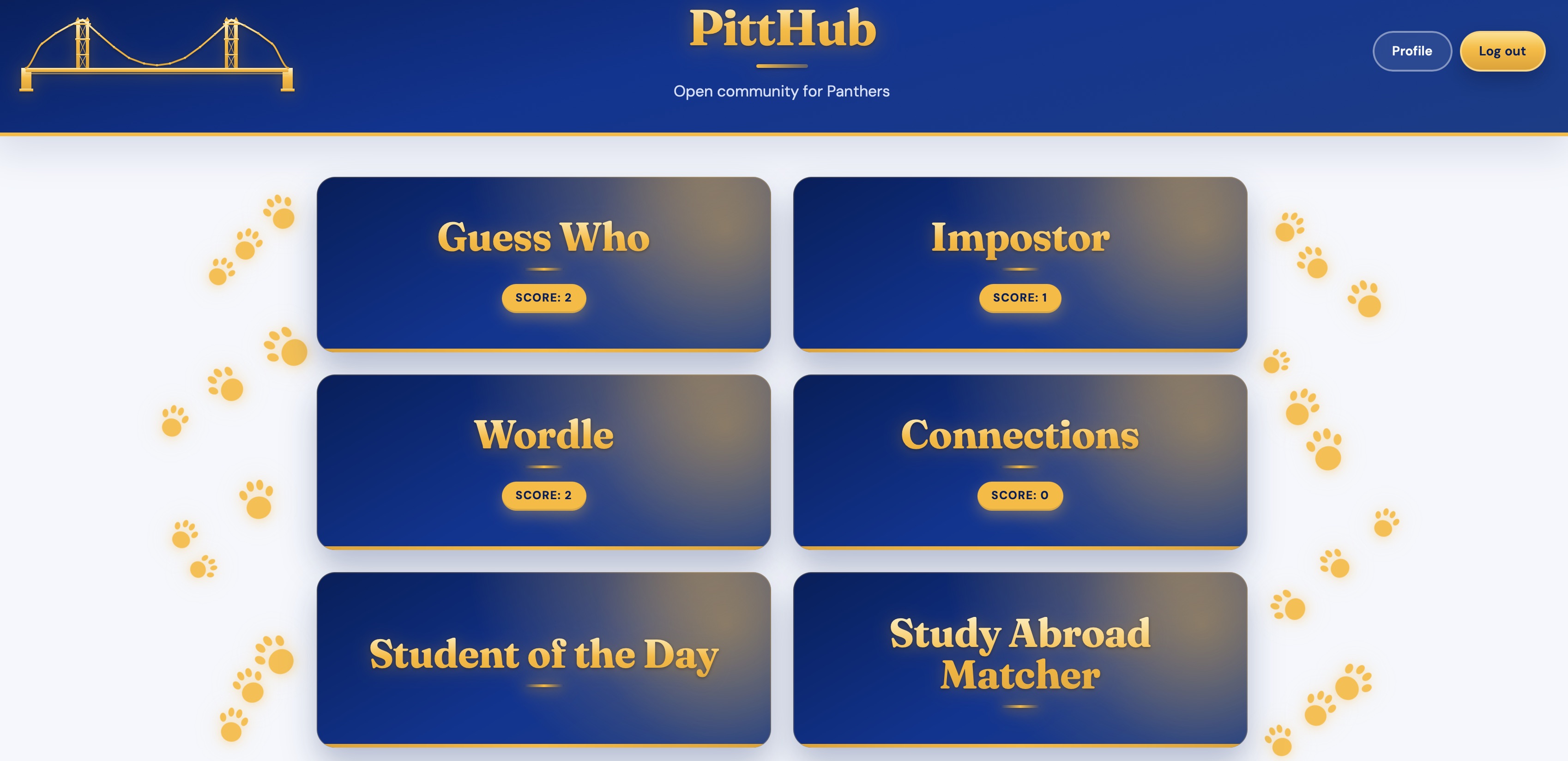 Screenshot of the PittHub landing page with Pitt-themed daily game cards.