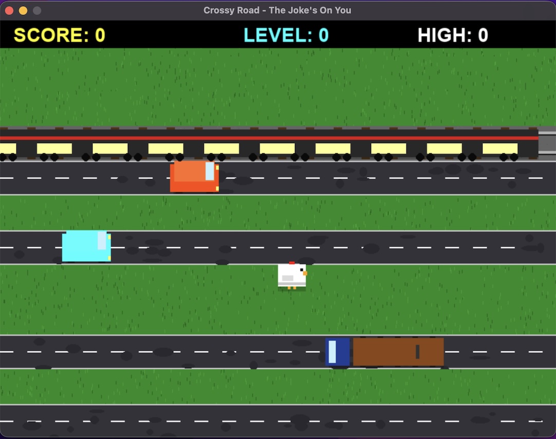 Screenshot of the Crossy Roads game clone showing player character and obstacles