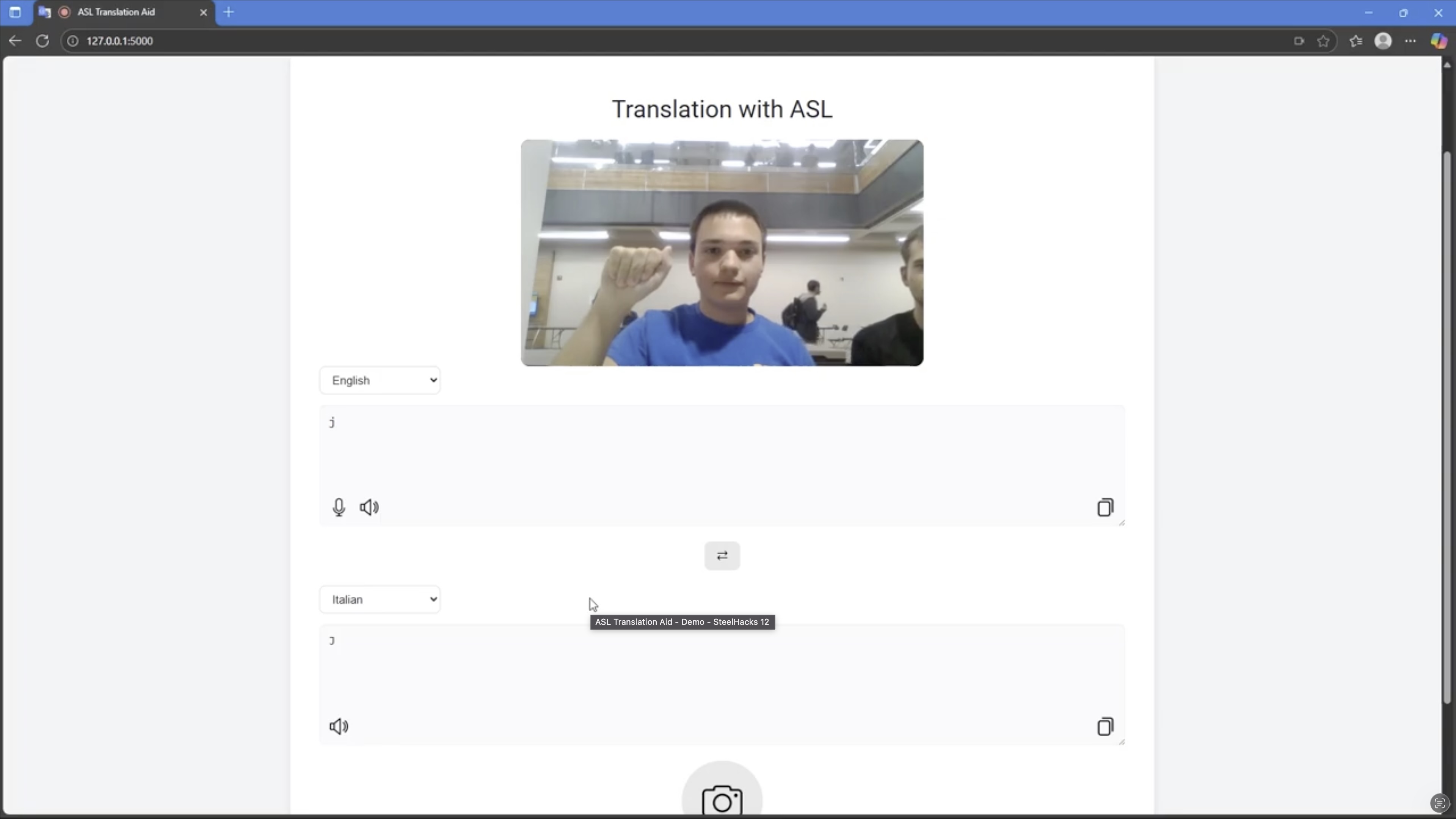 Screenshot of the ASL Translation Aid interface showing real-time hand tracking