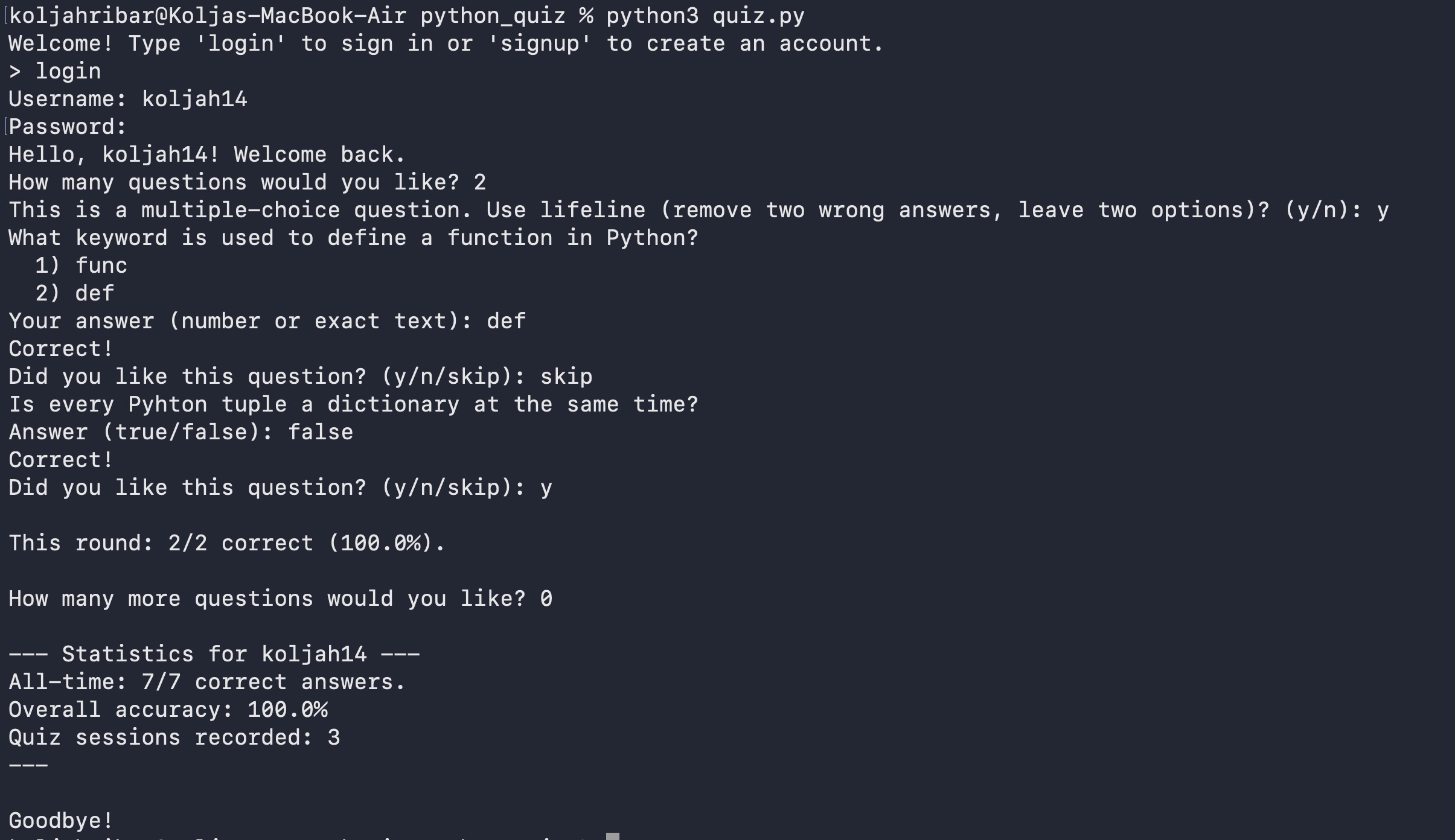 Screenshot of the Python Quiz App command-line interface showing a question and answer prompt.
